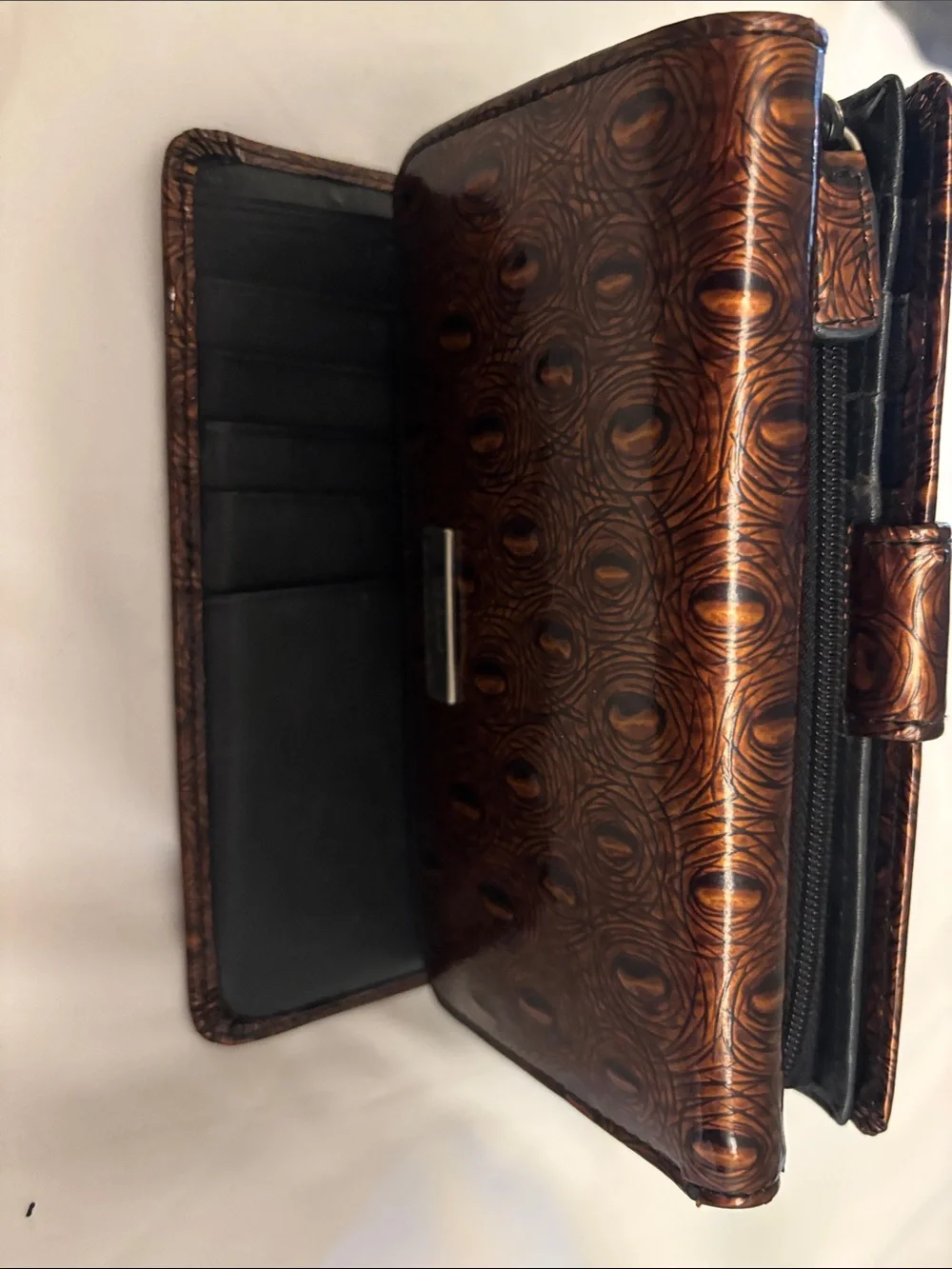Serenade Beverly Hills Collection Leather Wallet Patent Brown Peacock Feather
